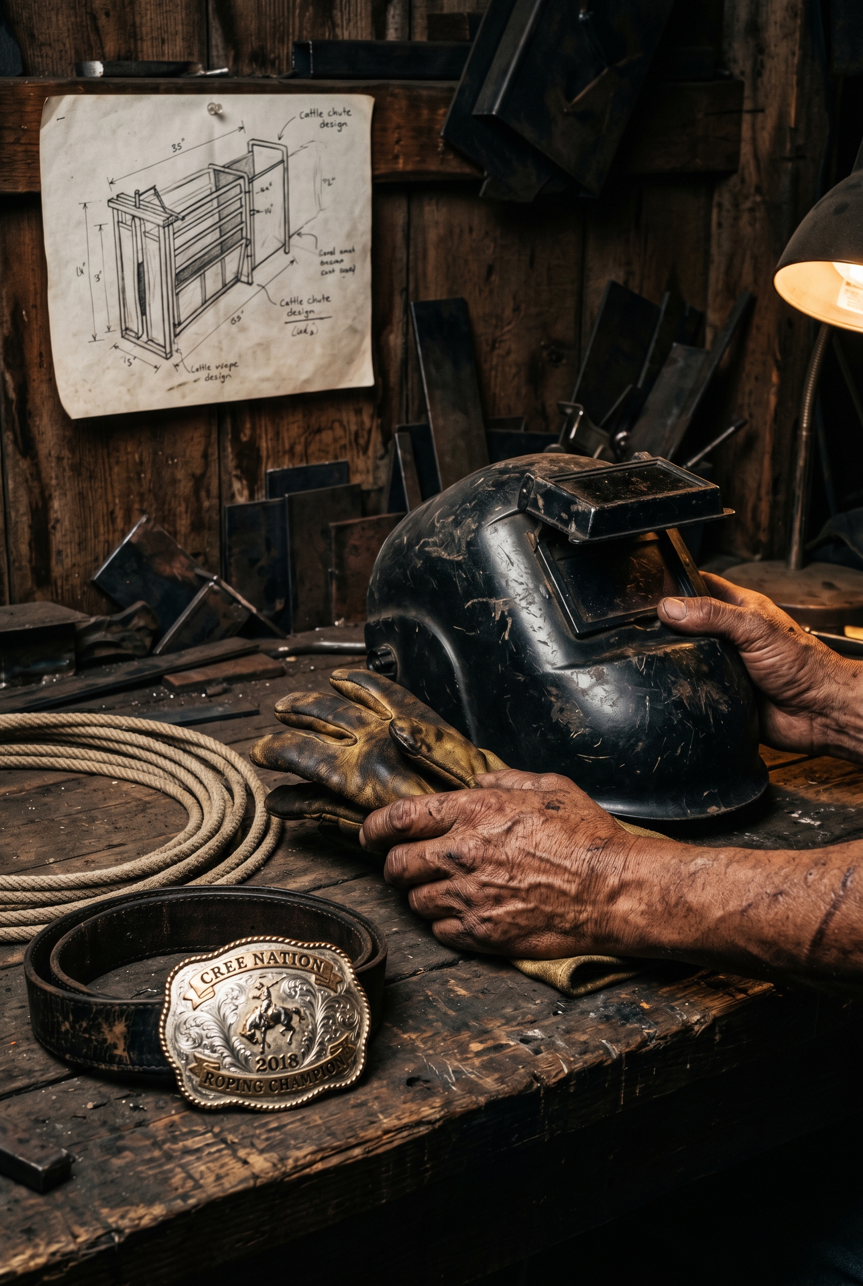 Welder's gloves and rope
